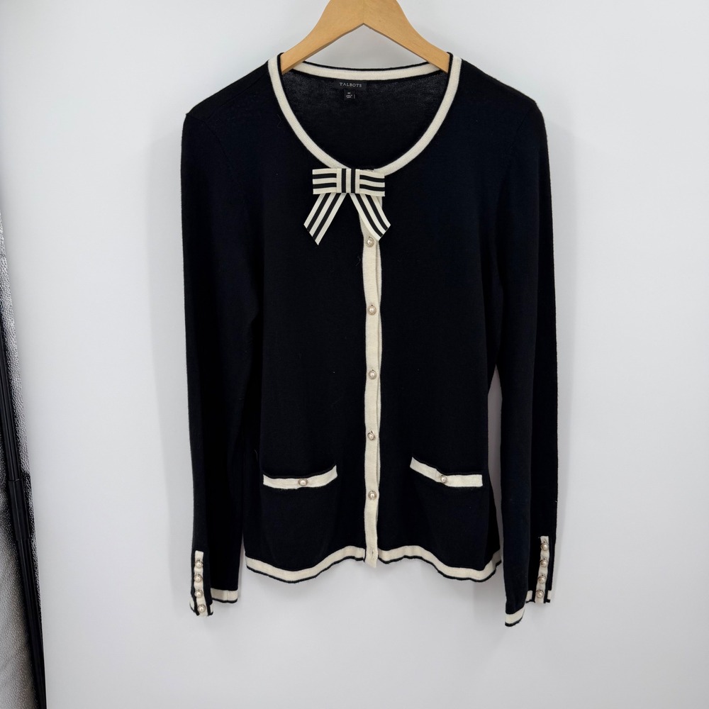Talbots Black Cardigan Sweater Bow Pearl Buttons Cashmere Blend Womens Medium